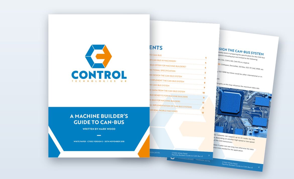Preview of Control Technologies UK's white paper "A Machine Builder's Guide to CAN-bus" by Mark Wood, showing the cover, the contents page and the Step 1 CAN-bus design section.