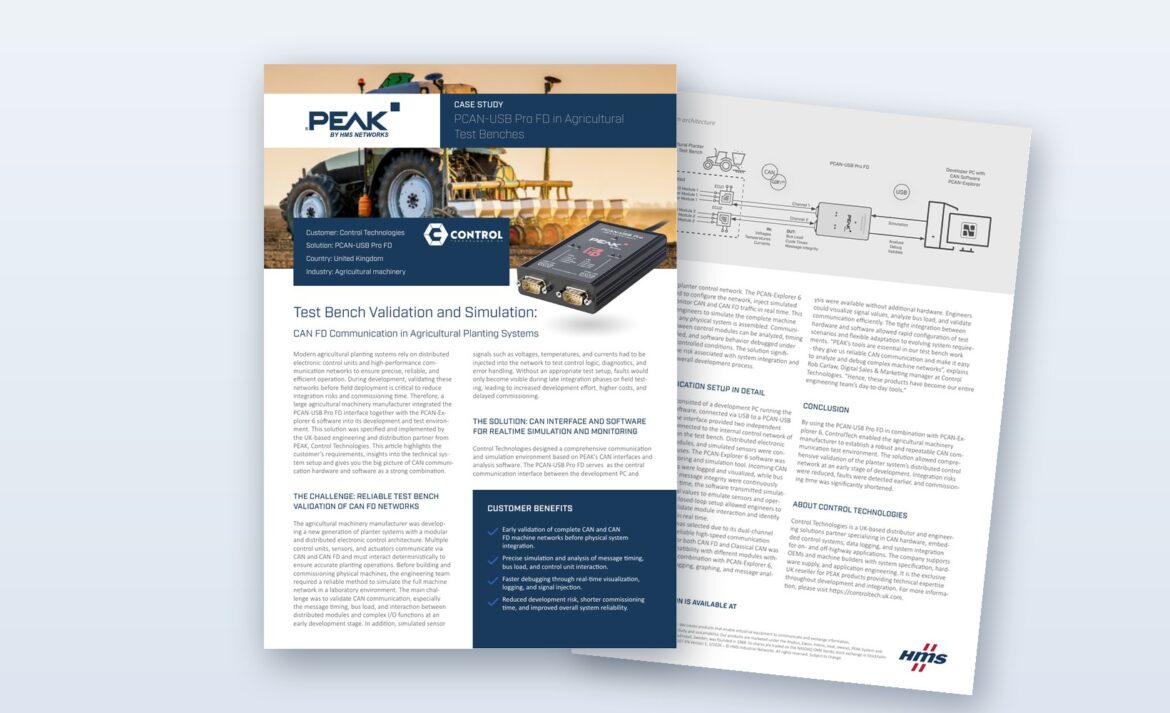 Preview of the PEAK System case study on the PCAN-USB Pro FD in agricultural test benches, showing a tractor on the cover and a CAN FD test bench architecture diagram inside.