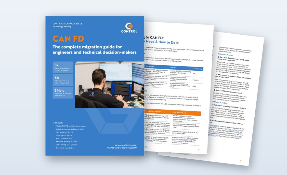 CAN FD migration guide from Control Technologies UK, showing the cover and inner pages